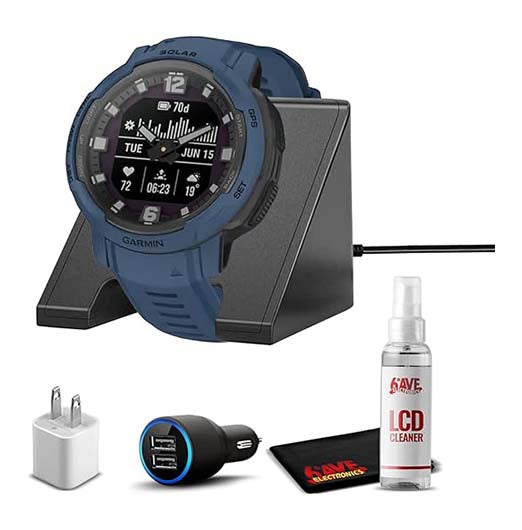 Garmin Instinct Crossover Solar Rugged Hybrid Smartwatch with Solar Charging Capabilities Tidal Blue with Watch Charging Stand, 2-Port Car Adapter, Wall-Adapter & Watch Cleaning Kit (010-02730-12)