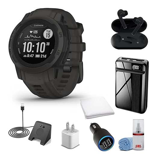 Garmin Instinct 2S Standard Edition Smart Watch Graphite + Wireless Headphones + Watch Charging Stand + USB Car/Wall Adapter + 6Ave Cleaning Kit + Workout Towel (010-02563-10)