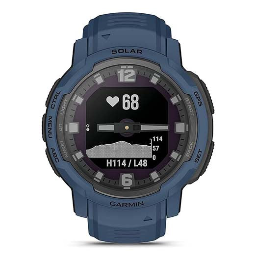 Garmin Instinct Crossover Solar Rugged Hybrid Smartwatch with Solar Charging Capabilities Tidal Blue with Watch Charging Stand, 2-Port Car Adapter, Wall-Adapter & Watch Cleaning Kit (010-02730-12)