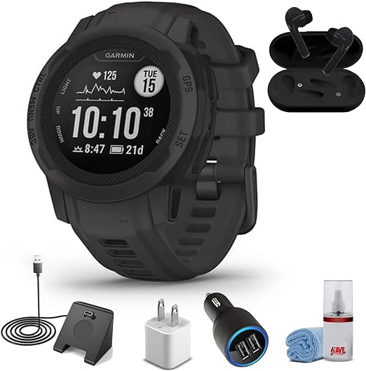 Garmin Instinct 2S - Standard Edition Smart Watch-Graphite + Wireless Headphones + Watch Charging Stand + USB Car/Wall Adapter + 6Ave Cleaning Kit (010-02563-10)