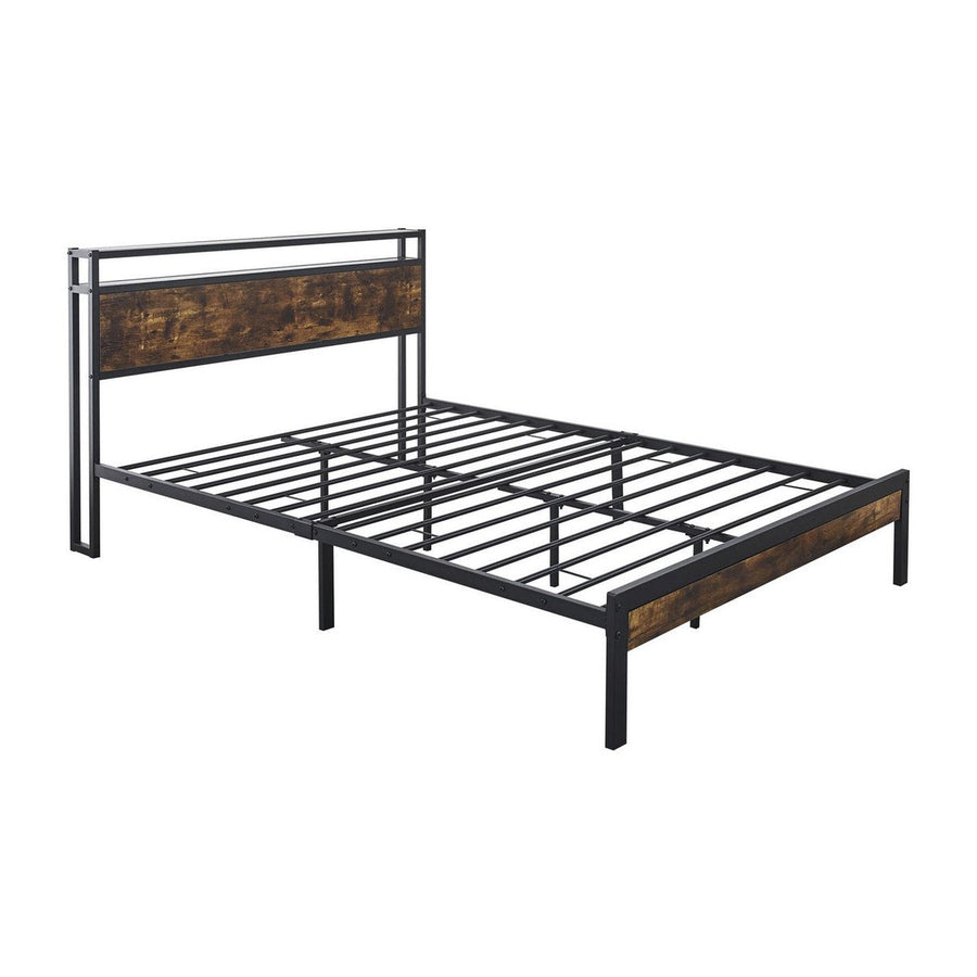 Fraser Country Queen Metal Bed Frame with Wooden Rustic Brown Headboard & Footboard - Black
