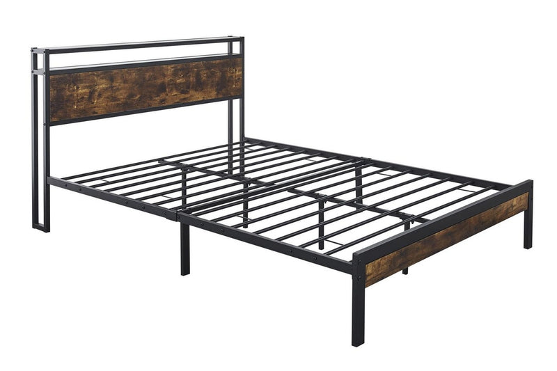 Fraser Country Queen Metal Bed Frame with Wooden Rustic Brown Headboard & Footboard - Black