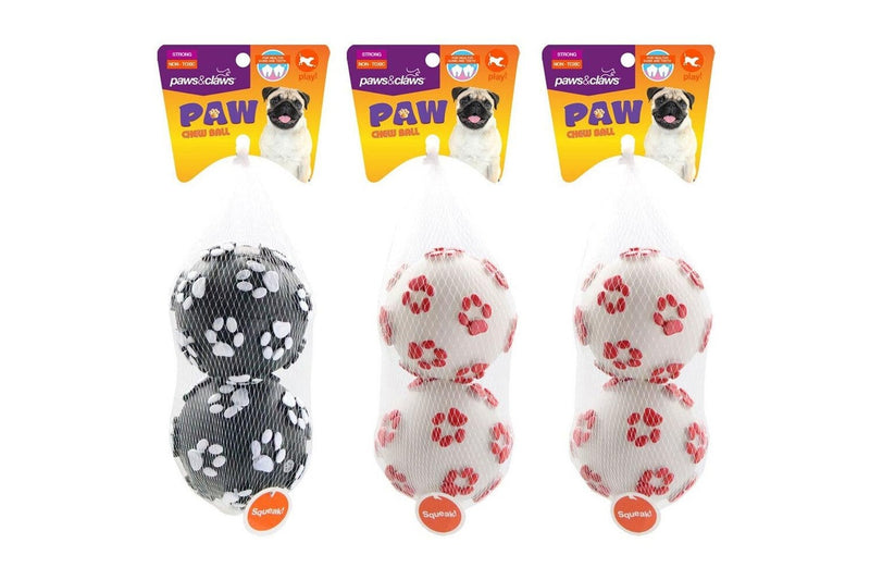 3x 2PK Paws & Claws 10cm Paw Print Ball Dog Toy Chew Teething Game Play Asst.