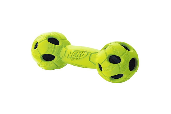 Nerf Dog Pet Indoor Outdoor Medium Rubber Tire Barbell Squeaker Chew Toy Green