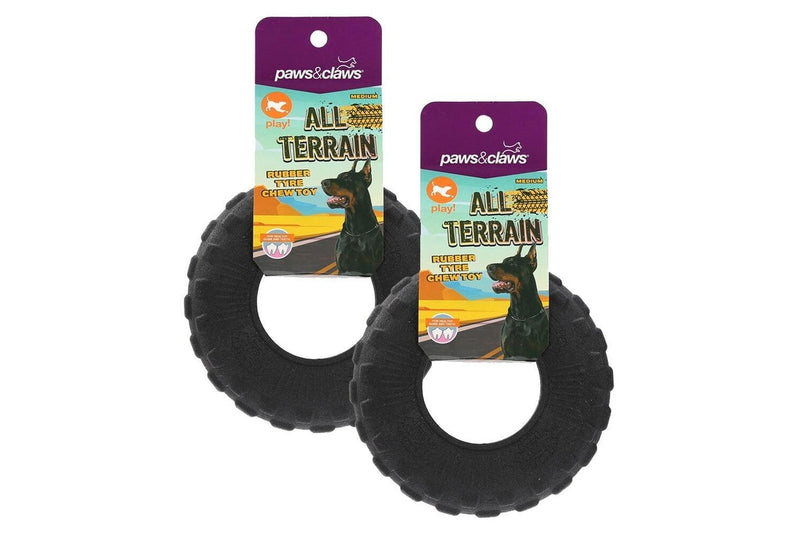 2x Paws & Claws All Terrain Medium 15cm Rubber Tyre Chew Toy Pet Dog Play Black