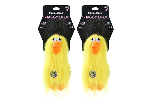 2x Paws & Claws 22cm Super Shaggy Duck Soft Plush Pet Dog Toy w Squeaker Yellow