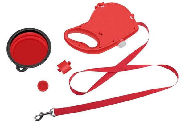 PETSWOL 3-in-1 Dog Leash with Water Bottle & Foldable Bowl - Red