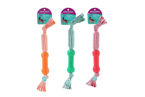 3x Paws & Claws 43cm Dental Tugger Dog Pet Toy TPR Bone + Braided Rope Assorted