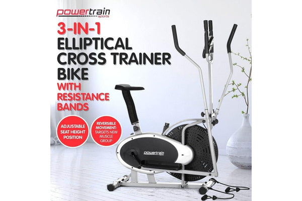 Powertrain 3-in-1 Elliptical Cross Trainer Exercise Bike With Resistance Bands