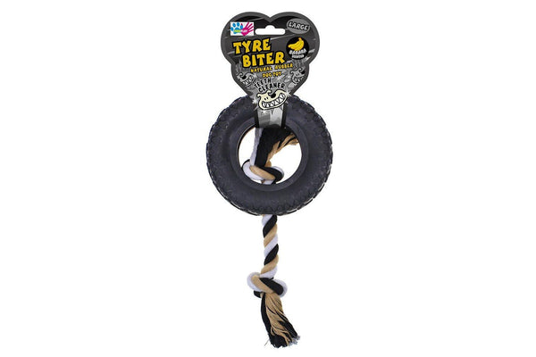 Paw Play 39cm Rubber Rope Banana Scented Tyre Biter Pet Dog Cat Toy Large Black