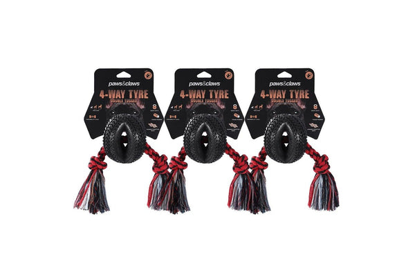 3x Paws & Claws Pet Dog 4-Way TPR Tyre 40cm Double Tugger Rope Chew Toy Fun Play