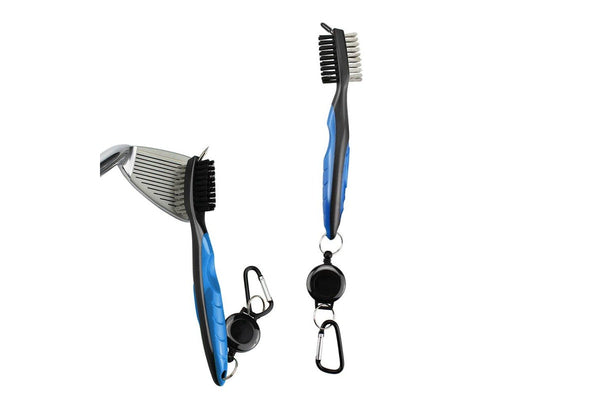 Double Sided Golf Cleaning Brush Club Brush and Groove Brush with Retractable Reel Blue