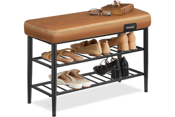 VASAGLE EKHO Shoe Rack Bench with Faux Leather - Caramel Brown