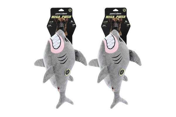 2x Paws & Claws Pet Dog 50cm Angry Shark Mega Soft Plush Chew Toy w Squeaker GRY