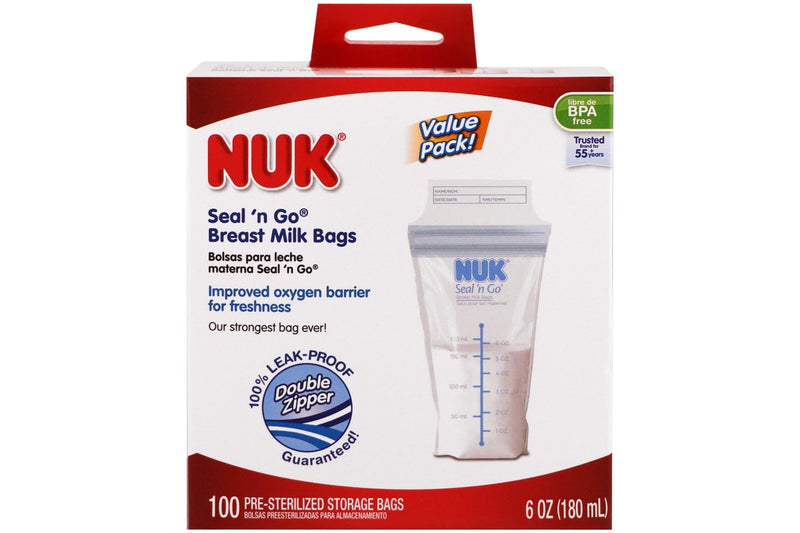 NUK Seal 'n Go Breast Milk Bags, 100 Pre-Sterilized Storage Bags (180ml) Each