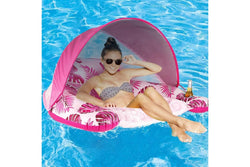 Inflatable Pool Floating Chair with Cup Holder Pool Chair Lounge Float with Adjustable Sun Shade Cover Pink