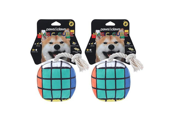 2x Pawsnclaws 11cm Magic Cube Soft Plush Pet Dog Squeaker Chew Toy w Rope Small