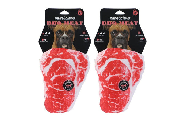 2x Paws & Claws Feed Me BBQ Steak Oxford Pet Dog Play Toy w Squeaker 20x15cm