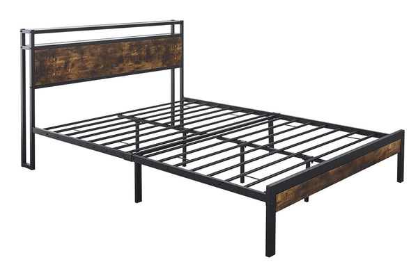 Fraser Country Double Metal Bed Frame with Wooden Rustic Brown Headboard & Footboard - Black