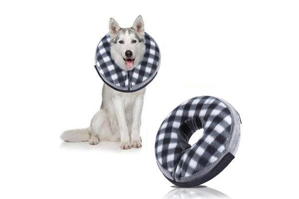 Inflatable Pet Recovery Collar Adjustable Pet Elizabeth Protective Collar for Dogs and Cats L Size-White Grid