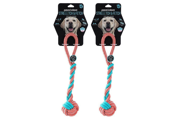 2x Paws & Claws Pet Dog 42cm Stretch Fetch TPR Braided Rope Knot Ball Tugger Toy