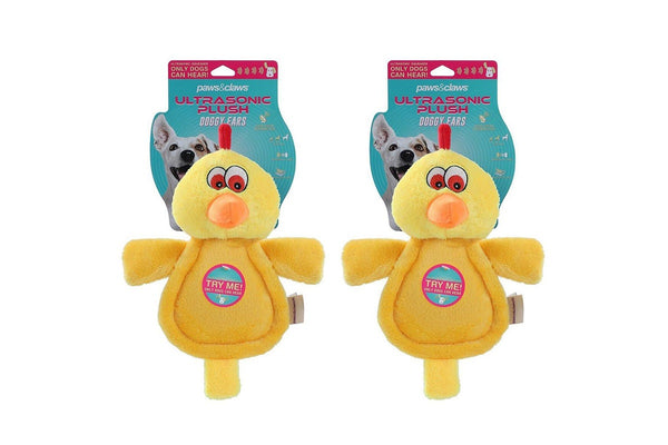 2x Paws & Claws Doggy Ears Ultrasonic 33cm Chicken Plush Squeaker Dog Toy Yellow