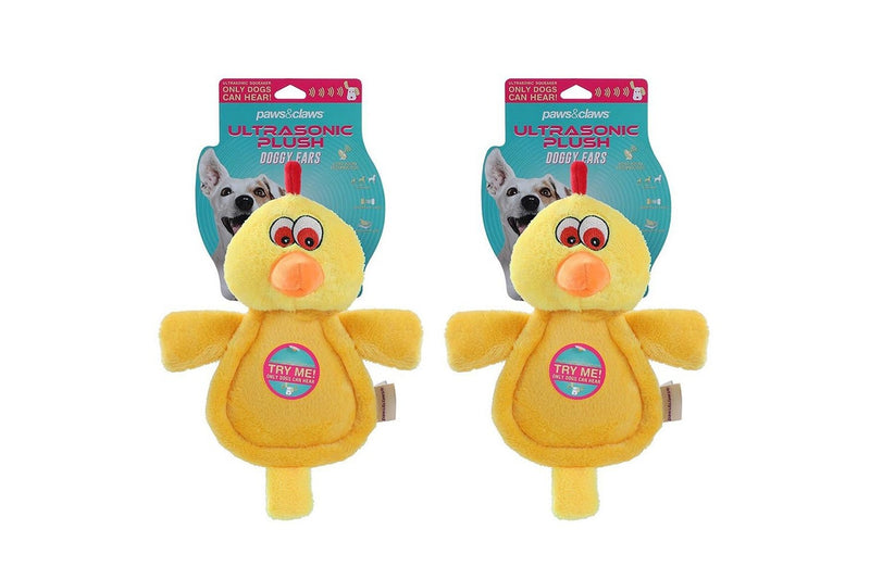 2x Paws & Claws Doggy Ears Ultrasonic 33cm Chicken Plush Squeaker Dog Toy Yellow