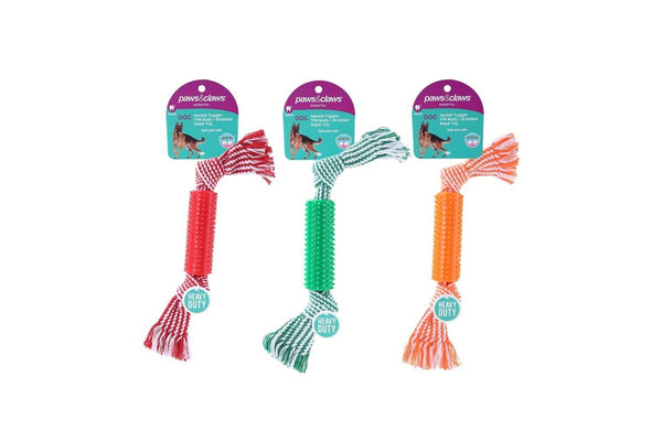 3x Paws & Claws 32cm Dental Tugger Dog Pet Toy TPR Body + Braided Rope Assorted