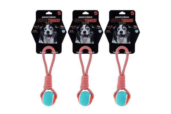 3x Paws & Claws 24cm Super Tuggers Coiled Rope Tennis Tugger Pet Dog Chew Toy