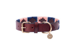 Benji & Flo Sublime Polo Leather Dog Collar (Navy/Rose) (S - Neckline: 28cm-36cm)