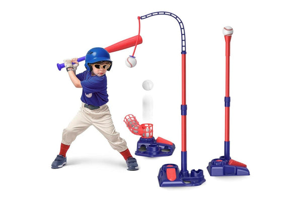 3-in-1 Tee Ball Set for Kids Retractable Baseball Batting Tee Set Red