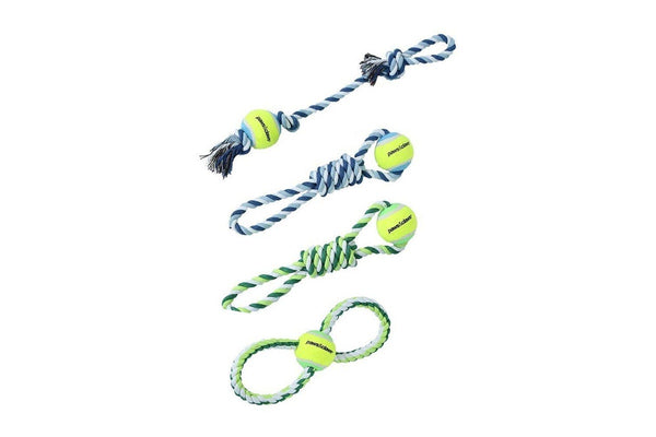 4x 3PK Paws & Claws Dog Toy 29cm Rope & Tennis Ball Tugger Pet Interactive Asst