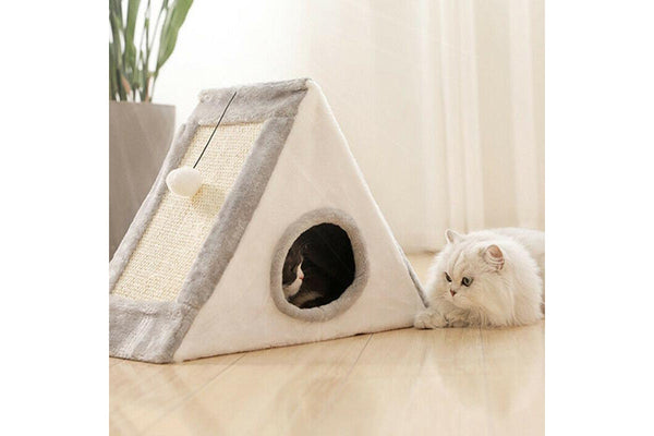 Foldable Triangular Cat Bed with Scratching Surfaces - Large (Grey)