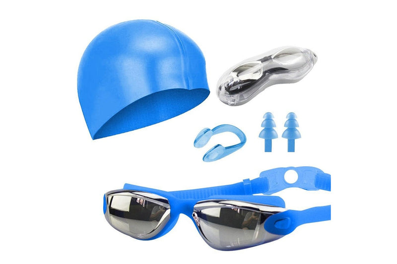 No Leaking Anti Fog Swimming Goggles Swimming Cap Set for Adult Youth Blue