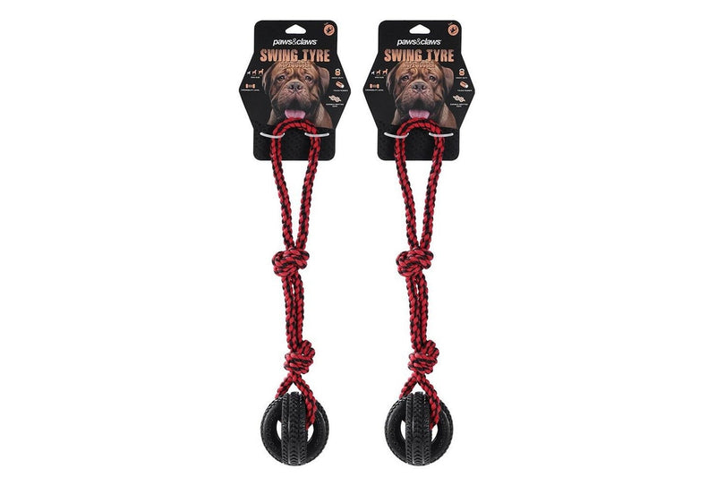 2x Paws & Claws Pet Dog 4-Way TPR 50cm Tyre Knotted Rope Tugger Toy Black Red