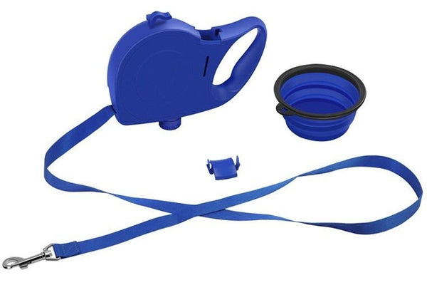 PETSWOL 3-in-1 Dog Leash with Water Bottle & Foldable Bowl - Blue