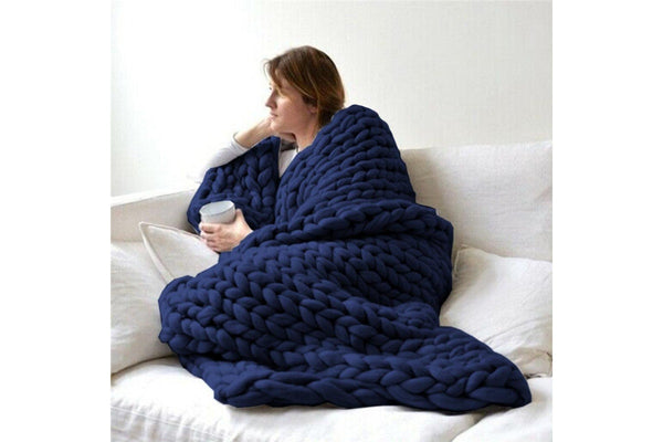 100 x 120cm Chunky Knitted Blanket Throw Blanket Thick Yarn Blanket-Dark Blue