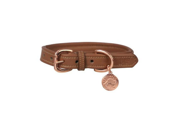 Benji & Flo Deluxe Leather Padded Dog Collar (Tan/Rose Gold) (M- Length: 35cm-50cm)