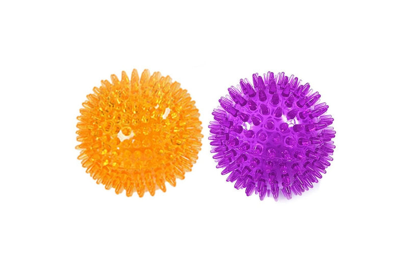 Set of 2 Pcs Pet Dog Squeaky Toys Spiky Dog Balls Cleaning Teeth Chewing Toys -Orange and Purple