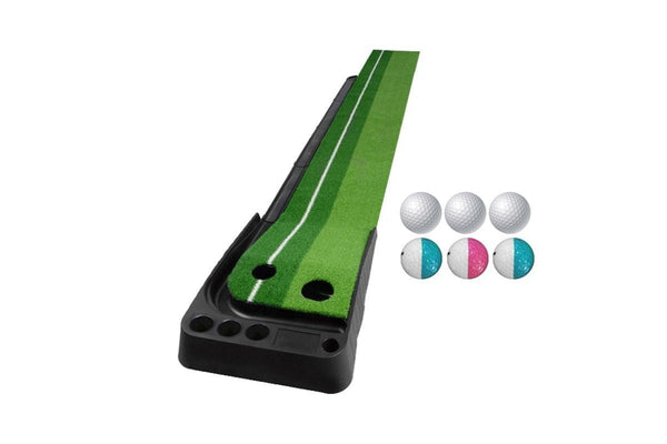 Golf Putting Mat Push Rod Trainer 3M With Three Soft Balls & Three Bicolor Balls & Auto Ball Return Fairway Green