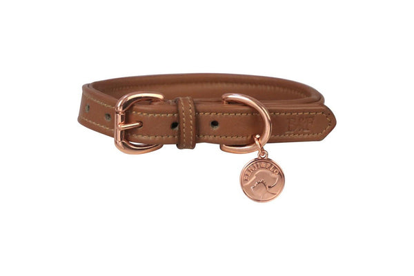 Benji & Flo Deluxe Leather Padded Dog Collar (Tan/Rose Gold) (XS- Length: 21cm-34cm)