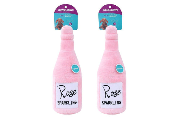 2x Paws & Claws Pet Dog 31x10cm Rose Bottle Shop Soft Plush w Squeaker Toy Pink