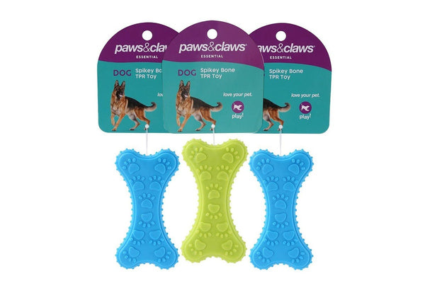 3x Paws & Claws 10cm TPR Spikey Bone Pet Interactive Playing Chewing Toy Assort