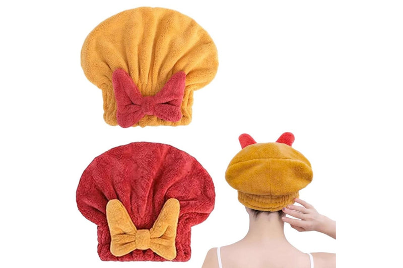 2Pcs Set Quick Absorbent Drying Hair Caps with Bow-Knot Hair Turban Wrap for Women Style 1