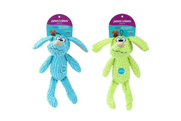 2x Paws & Claws Neon Pup Plush Soft Interactive Play Dog Pet Toy Asstd 28x10cm