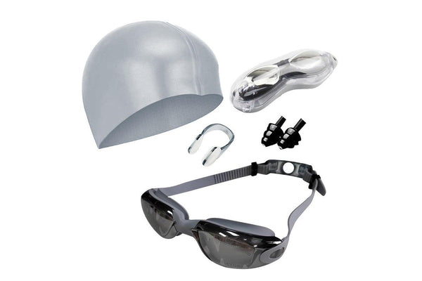 No Leaking Anti Fog Swimming Goggles Swimming Cap Set for Adult Youth Gray