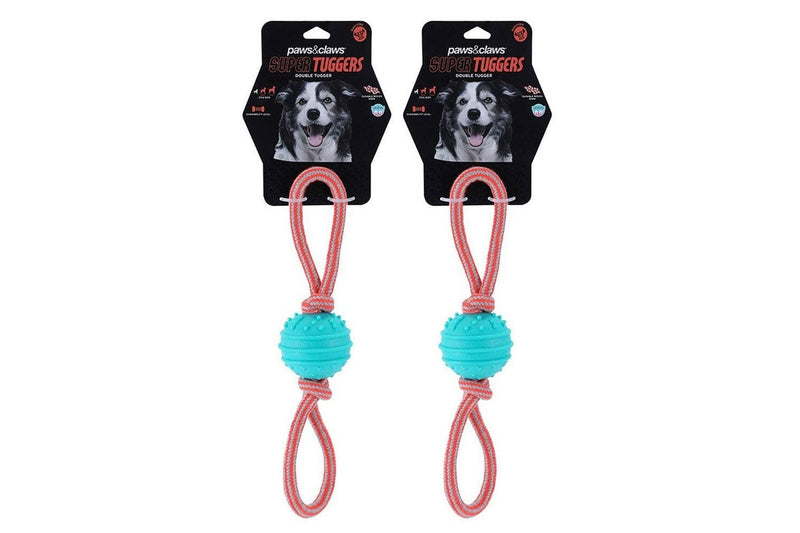 2x Paws & Claws Pet Dog 40cm Super Tuggers TPR Ball Rope Double Tugger Chew Toy