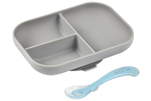 Beaba: Silicone Suction Divided Plate & Spoon - Grey