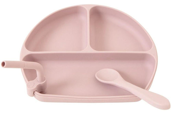 All4Ella: Silicone Plate with Straw & Spoon - Dusty Pink