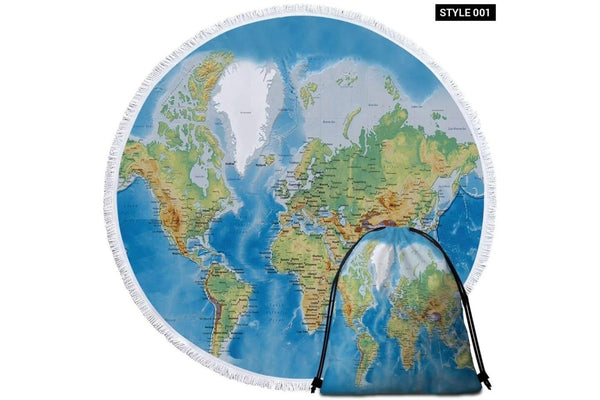 Printed World Map Large Round Beach Towel For Adults